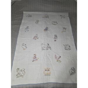 Vintage Hand Sewn Baby Crib Quilt with Embroidered Animals 58"x42" Blue Border